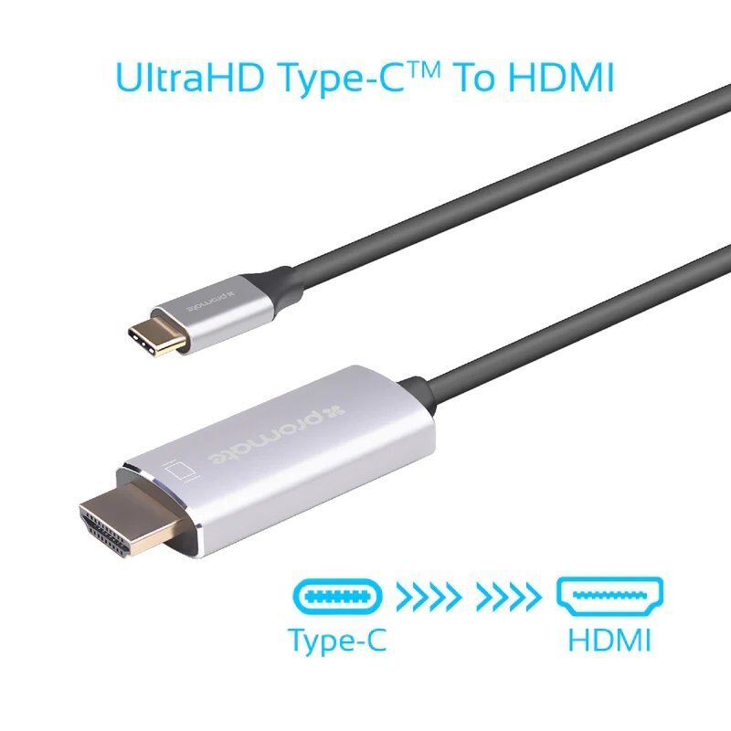 Promate USB-C į HDMI garso vaizdo kabelis su UltraHD palaikymu, 1,8 m kaina ir informacija | Kabeliai ir laidai | pigu.lt
