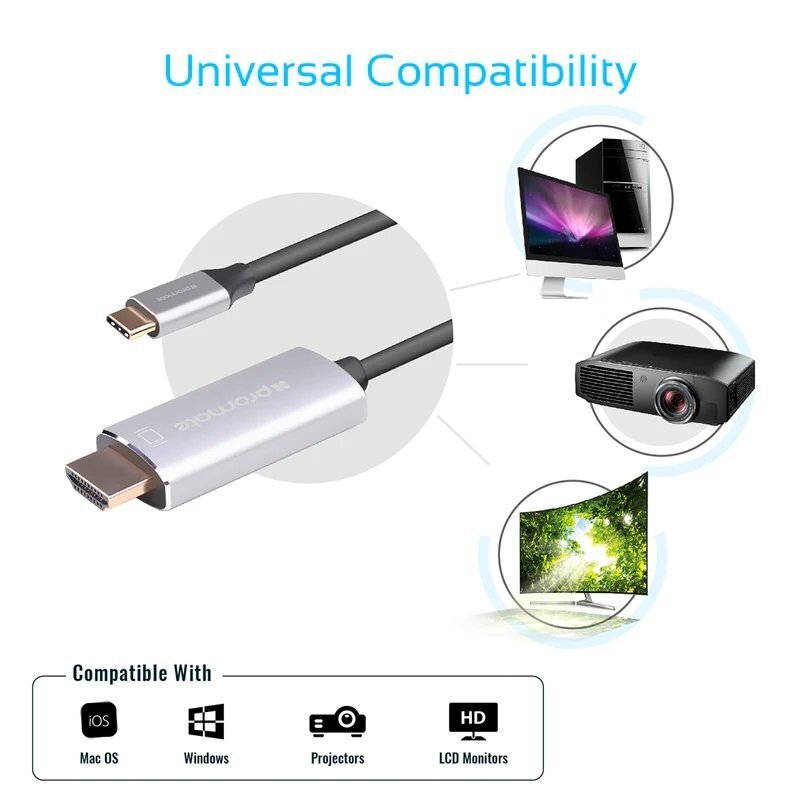 Promate USB-C į HDMI garso vaizdo kabelis su UltraHD palaikymu, 1,8 m kaina ir informacija | Kabeliai ir laidai | pigu.lt