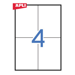 Клейкие этикетки Apli, 105 x 148 мм, A4, 4 наклейки на листе, 100 листов, белые цена и информация | Канцелярские товары | pigu.lt