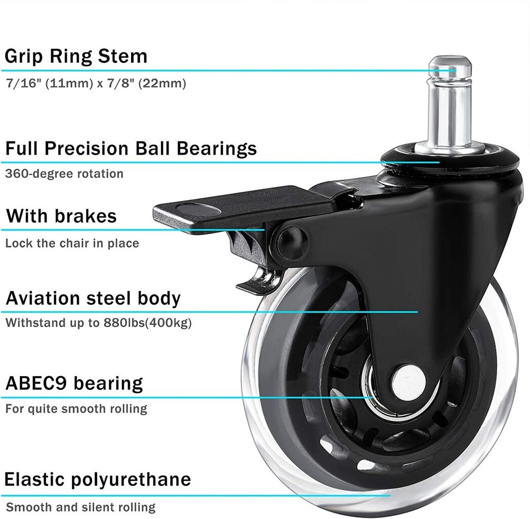 Ratukai biuro kėdėms, su stabdžiais, 5 vnt. kaina ir informacija | Ratukai baldams | pigu.lt
