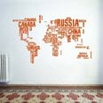 Виниловая наклейка на стену Большая оранжевая карта мира и стран Декор интерьера - 140 х 76 см