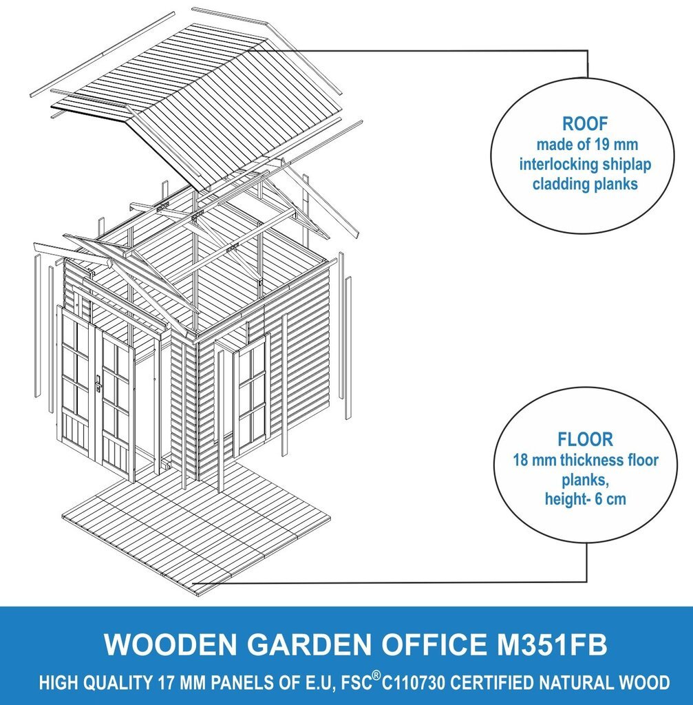 Timbela medinis sodo namelis M351FB su pilkų čerpių komplektu kaina ir informacija | Sodo nameliai, malkinės, pastogės | pigu.lt