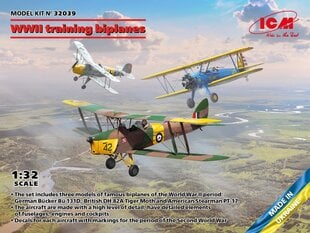 Klijuojamas Modelis ICM 32039 WWII training biplanes Bücker Bü 131D, DH.82A Tiger Moth, PT-17 1/32 kaina ir informacija | Klijuojami modeliai | pigu.lt