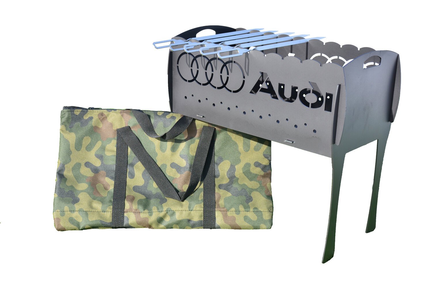 Sulankstoma šašlykinė Audi su krepšiu ir 5 iešmais kaina ir informacija | Šašlykinės | pigu.lt