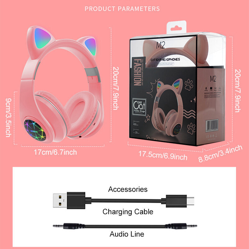 Belaidės RGB ausinės su LED kačių ausimis, M2 kaina ir informacija | Ausinės | pigu.lt