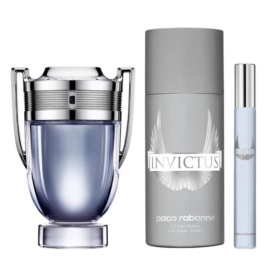 Rinkinys Paco Rabanne Invictus vyrams: tualetinis vanduo EDT, 100 ml + 10 ml + purškiamas dezodorantas, 150 ml kaina ir informacija | Kvepalai vyrams | pigu.lt