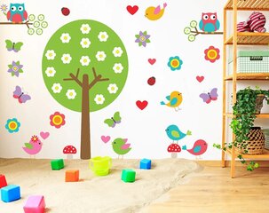 Виниловая наклейка на стену Большое дерево, птицы, бабочки и цветы Декор интрерьера для детской комнаты - 120 см цена и информация | Интерьерные наклейки | pigu.lt