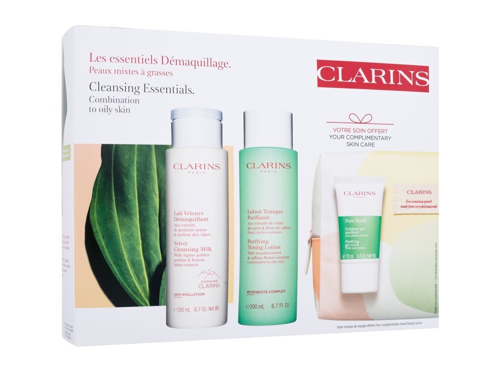 Veido valymo rinkinys mišriai ir riebiai odai Clarins: Kreminis valomasis pienelis, 200 ml + Valomasis tonizuojantis losjonas, 200 ml + veido šveitiklis, 15 ml kaina ir informacija | Veido prausikliai, valikliai | pigu.lt