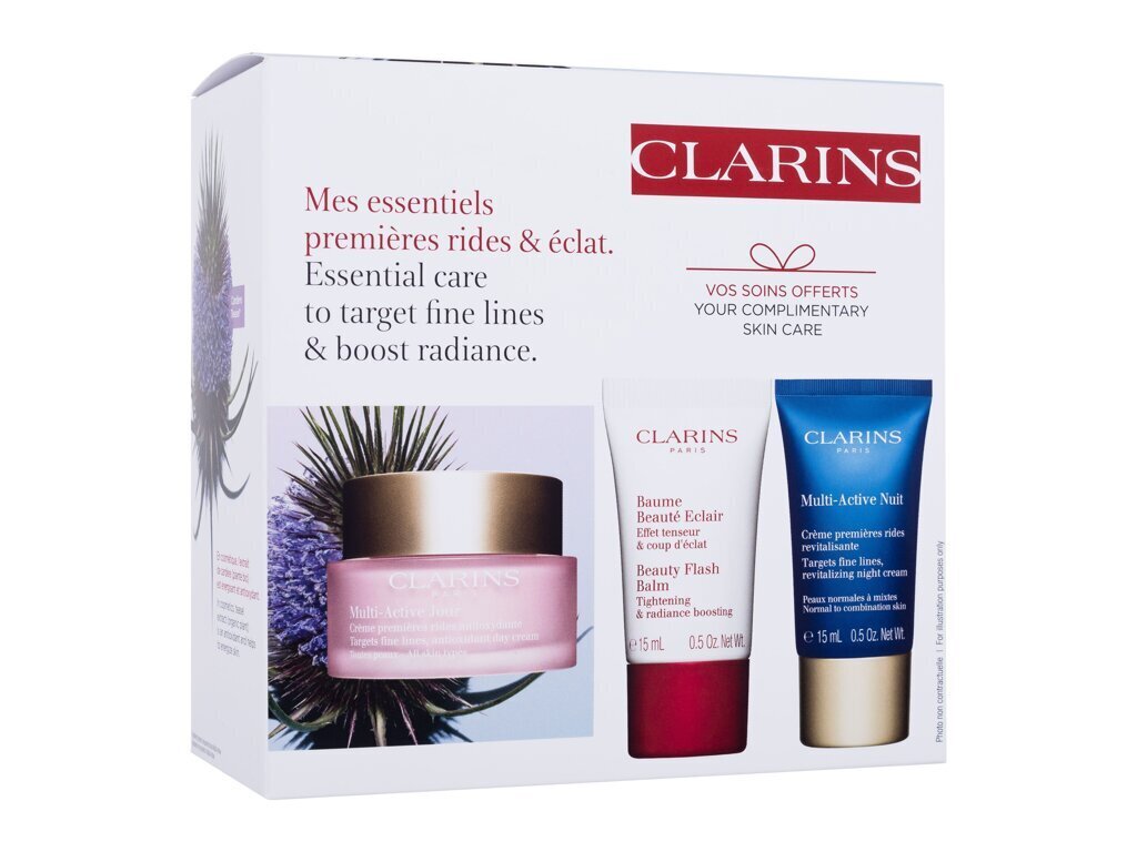 Veido odos priežiūros rinkinys Clarins: dieninis kremas Multi-Active, 50 ml + naktinis kremas Multi-Active, 15 ml + veido balzamas Beauty Flash, 15 ml kaina ir informacija | Veido kremai | pigu.lt