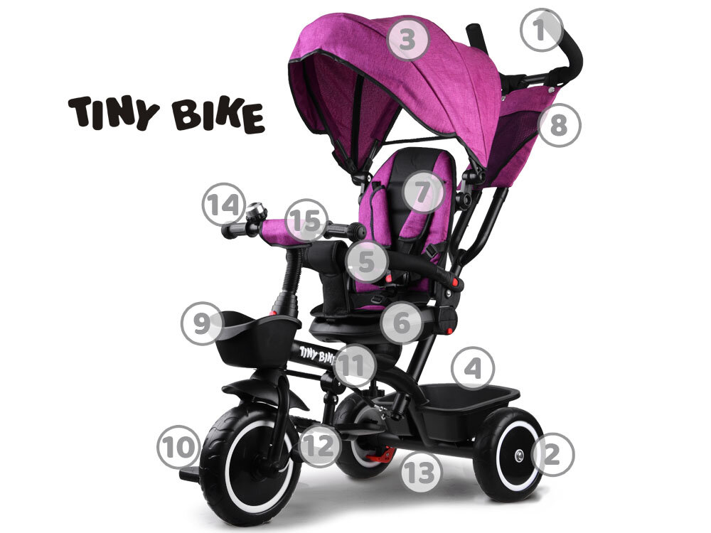 Triratis dviratukas su stogeliu Tiny Bike 3in1, violetinis kaina ir informacija | Triratukai | pigu.lt