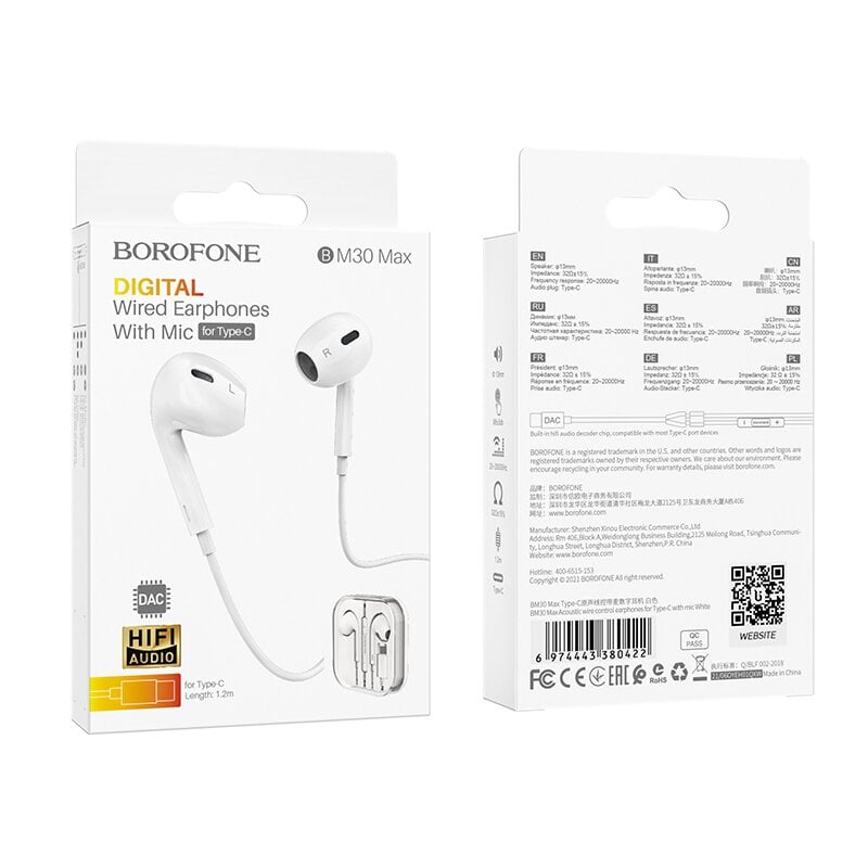 Borofone Earphones BM30 Max Acoustic kaina ir informacija | Ausinės | pigu.lt