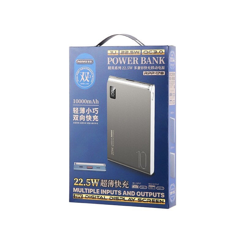 REMAX Kinyin serijos PD20W+QC22.5W greitojo įkrovimo išorinė baterija - Power bank 10000mAh RPP-178, pilka kaina ir informacija | Atsarginiai maitinimo šaltiniai (power bank) | pigu.lt
