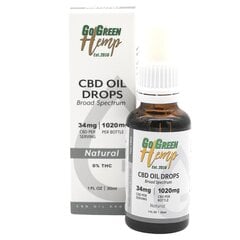 Масло CBD GoGreen Hemp, 30 мл, 1020 мг, натуральное цена и информация | Эфирные, косметические масла, гидролаты | pigu.lt