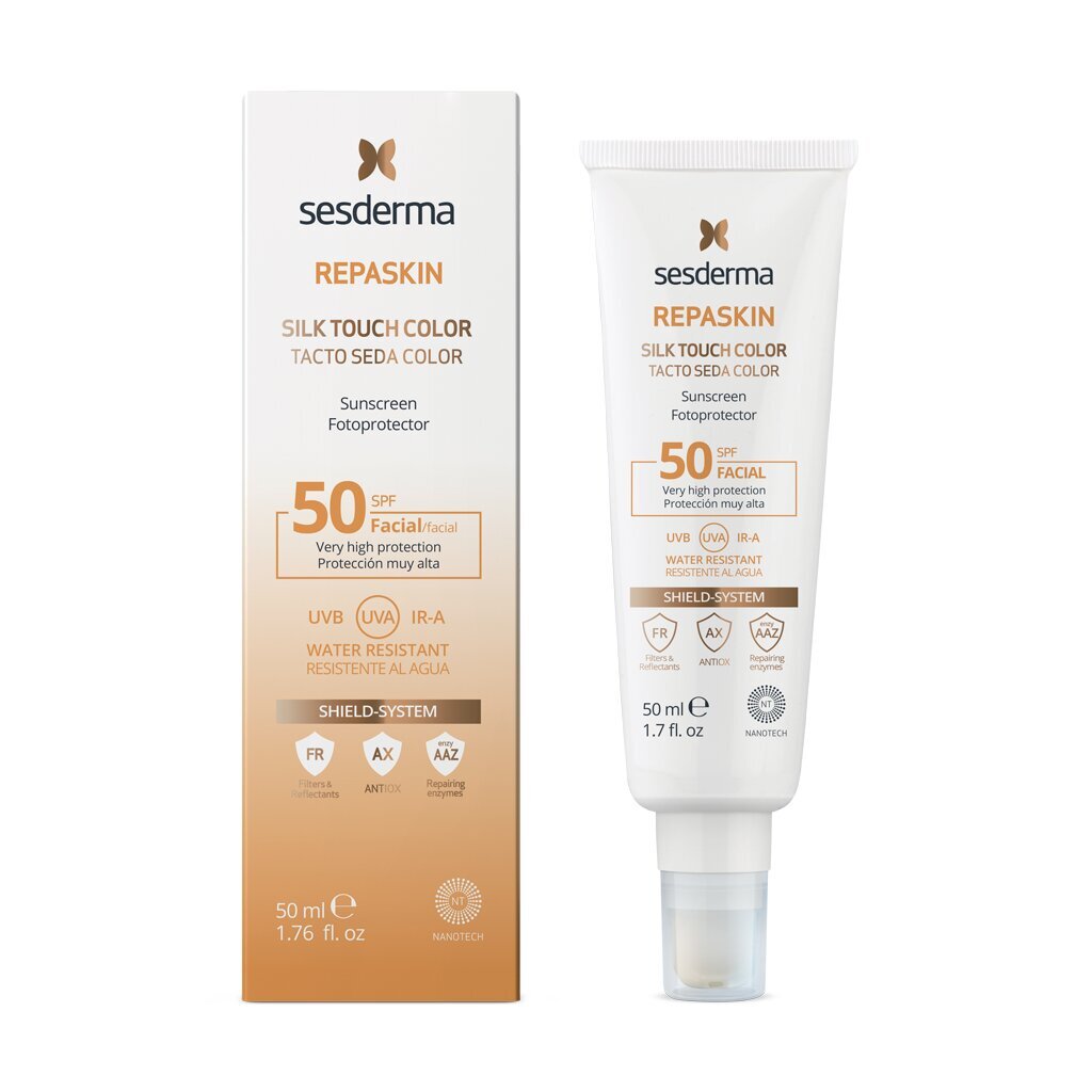 Apsauginis kremas nuo saulės veidui Sesderma repaskin silk touch su spalva SPF 50, 50 ml цена и информация | Kremai nuo saulės | pigu.lt