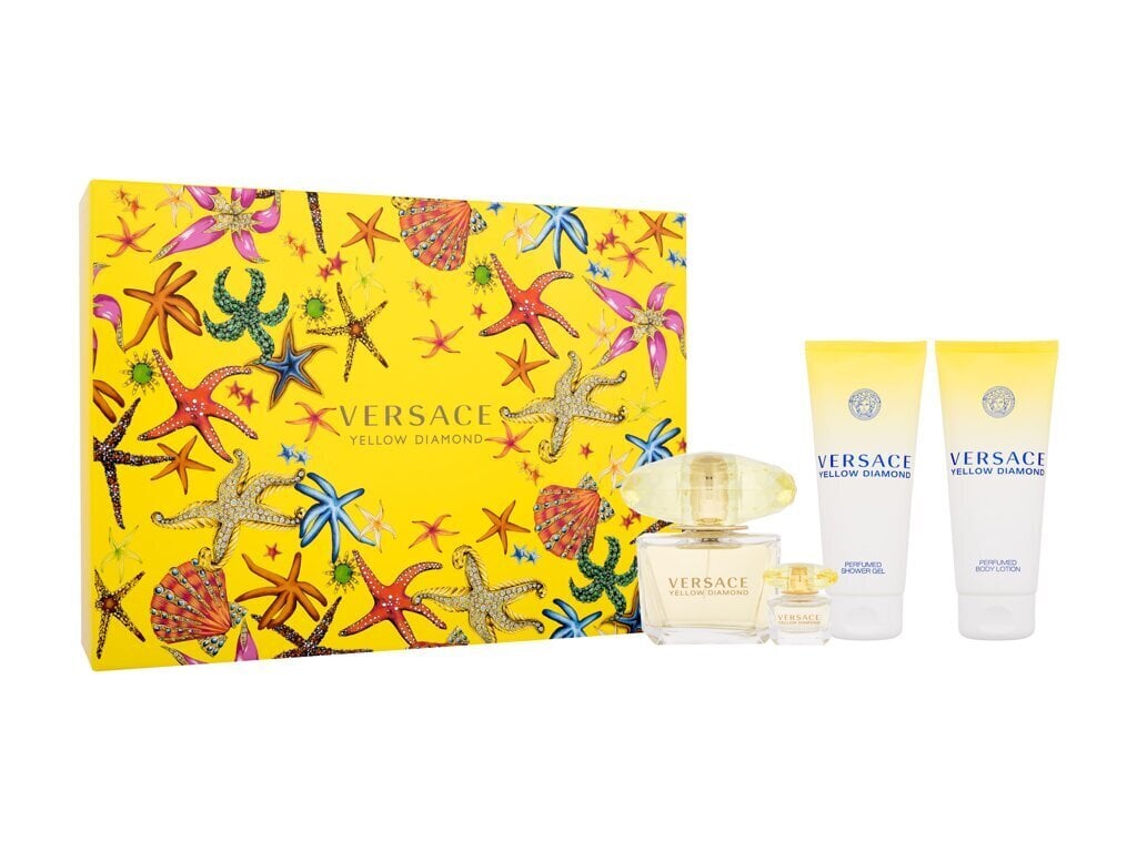 Rinkinys Versace Yellow Diamond: tualetinis vanduo, 90 ml + tualetinis vanduo, 5 ml + kūno losjonas, 100 ml + dušo želė, 100 ml kaina ir informacija | Kvepalai moterims | pigu.lt