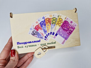 Декоративная деревянная открытка с нарисованными денежными купюрами и пожеланием цена и информация | Другие оригинальные подарки | pigu.lt