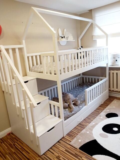 Vaikiška dviaukštė lova namelis R43, 120x60 cm, balta kaina ir informacija | Kūdikių lovytės | pigu.lt