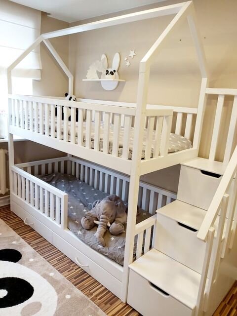 Vaikiška dviaukštė lova namelis R43, 120x60 cm, balta цена и информация | Kūdikių lovytės | pigu.lt