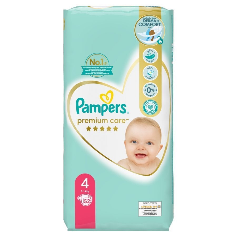 Sauskelnės Pampers Premium Care, 4 (9-14 kg), 52 vnt. kaina ir informacija | Sauskelnės | pigu.lt