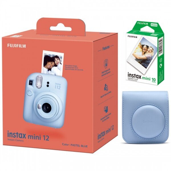 Fujifilm Instax Mini 12, Pastel Blue + Instax Mini Glossy (10 vnt.) + Originalus dėklas kaina ir informacija | Momentiniai fotoaparatai | pigu.lt