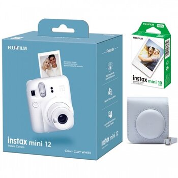 Fujifilm Instax Mini 12, Clay white + Instax Mini Glossy (10 vnt.) + Originalus dėklas kaina ir informacija | Momentiniai fotoaparatai | pigu.lt