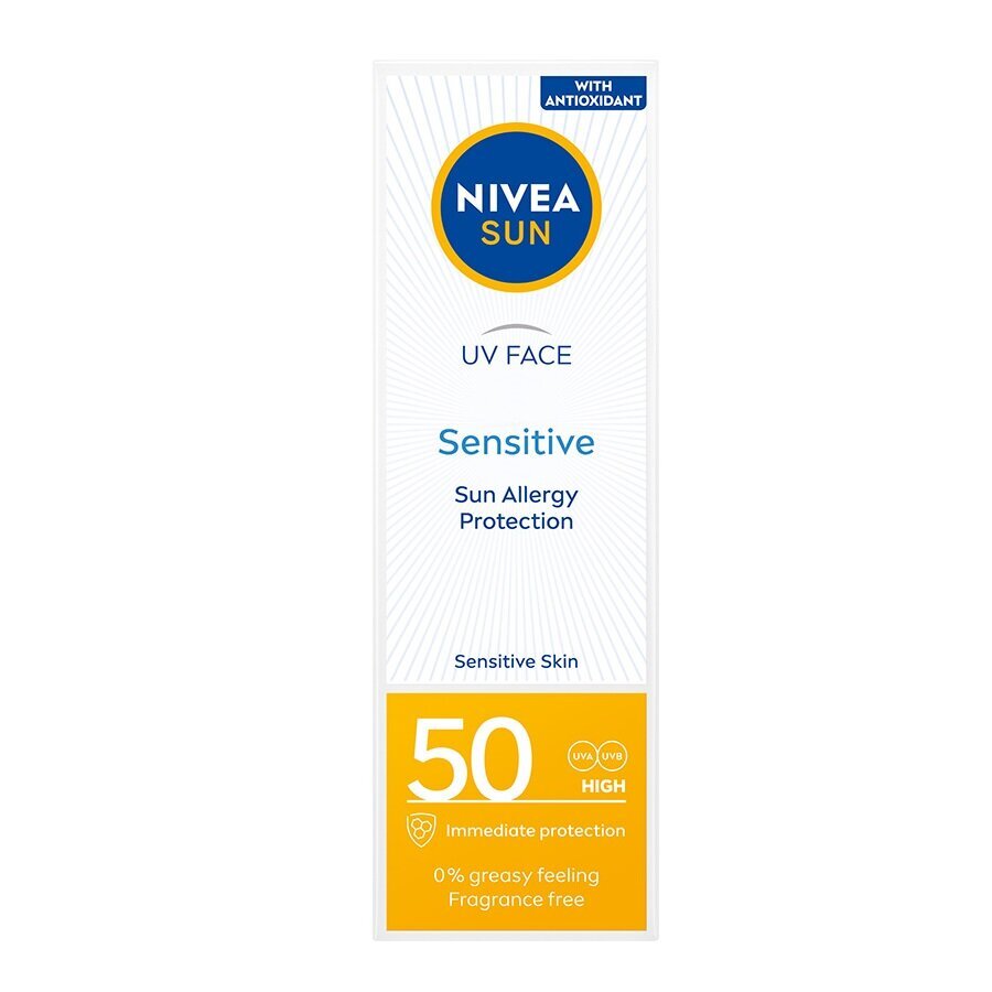 Veido kremas nuo saulės Nivea Sun Sensitive SPF50, 50 ml цена и информация | Kremai nuo saulės | pigu.lt