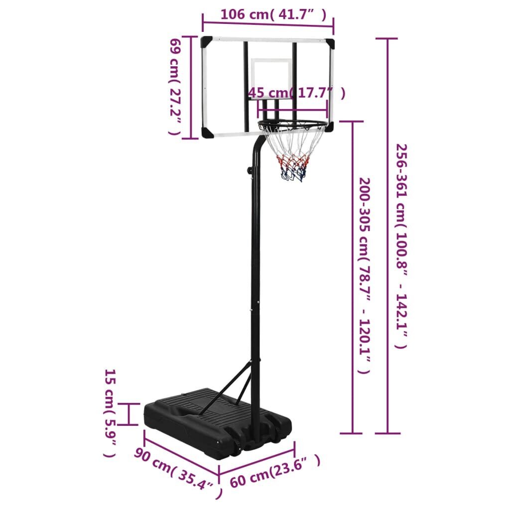 Krepšinio stovas vidaXL, 256–361cm kaina ir informacija | Krepšinio stovai | pigu.lt