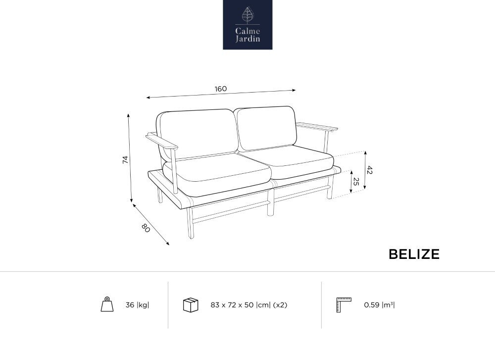 Lauko sofa Calme Jardin Belize, pilka kaina ir informacija | Lauko kėdės, foteliai, pufai | pigu.lt