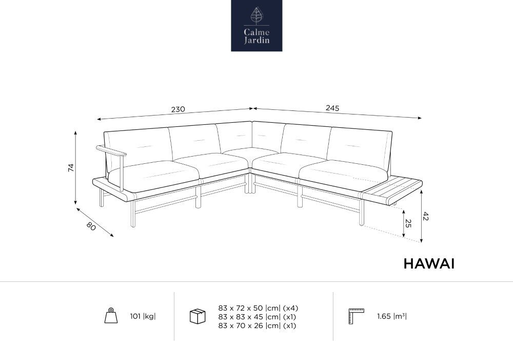 Kampinė lauko sofa Calme Jardin Hawai, pilka kaina ir informacija | Lauko kėdės, foteliai, pufai | pigu.lt