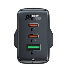 Acefast charger GaN 65W 3 ports (1xUSB, 2xUSB C PD) UK plug black (A44) цена и информация | Зарядные устройства для телефонов | pigu.lt