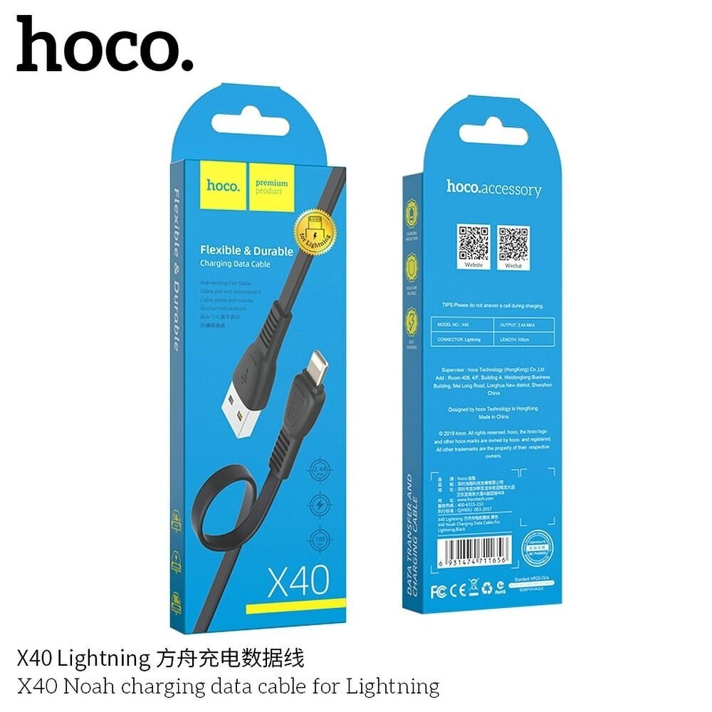 Hoco Noah X40, Lightning, 1 m цена и информация | Laidai telefonams | pigu.lt