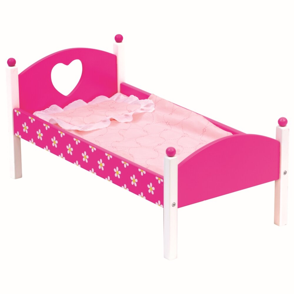 Medinė lėlės lovytė su patalyne Bino, rožinė kaina ir informacija | Žaislai mergaitėms | pigu.lt