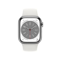 Apple Watch Series 8 GPS + Cellular 41мм Серебристый корпус из нержавеющей стали, белый спортивный ремешок - MNJ53KS/A цена и информация | Смарт-часы (smartwatch) | pigu.lt