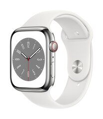 Apple Watch Series 8 GPS + Cellular 45мм Серебристый корпус из нержавеющей стали, белый спортивный ремешок - Regular MNKE3KS/A цена и информация | Смарт-часы (smartwatch) | pigu.lt