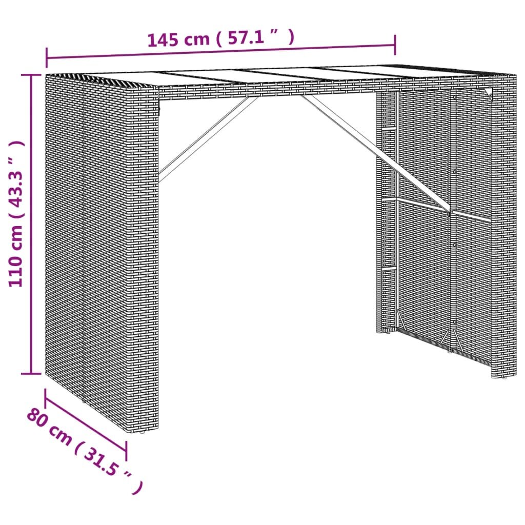 vidaXL Stalas su stikliniu stalviršiu, juodas, 145x80x110cm, ratanas kaina ir informacija | Lauko stalai, staliukai | pigu.lt