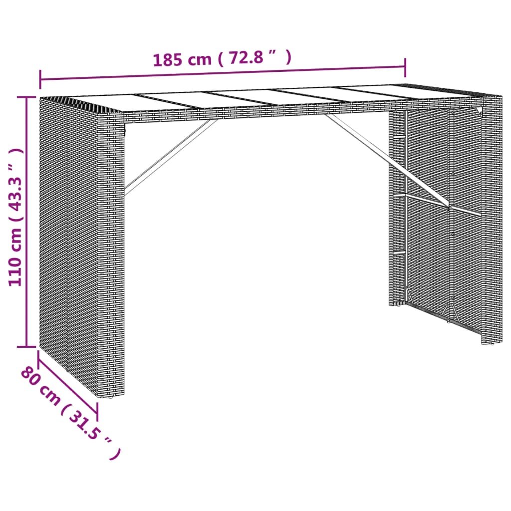 vidaXL Stalas su stikliniu stalviršiu, pilkas, 185x80x110cm, ratanas kaina ir informacija | Lauko stalai, staliukai | pigu.lt