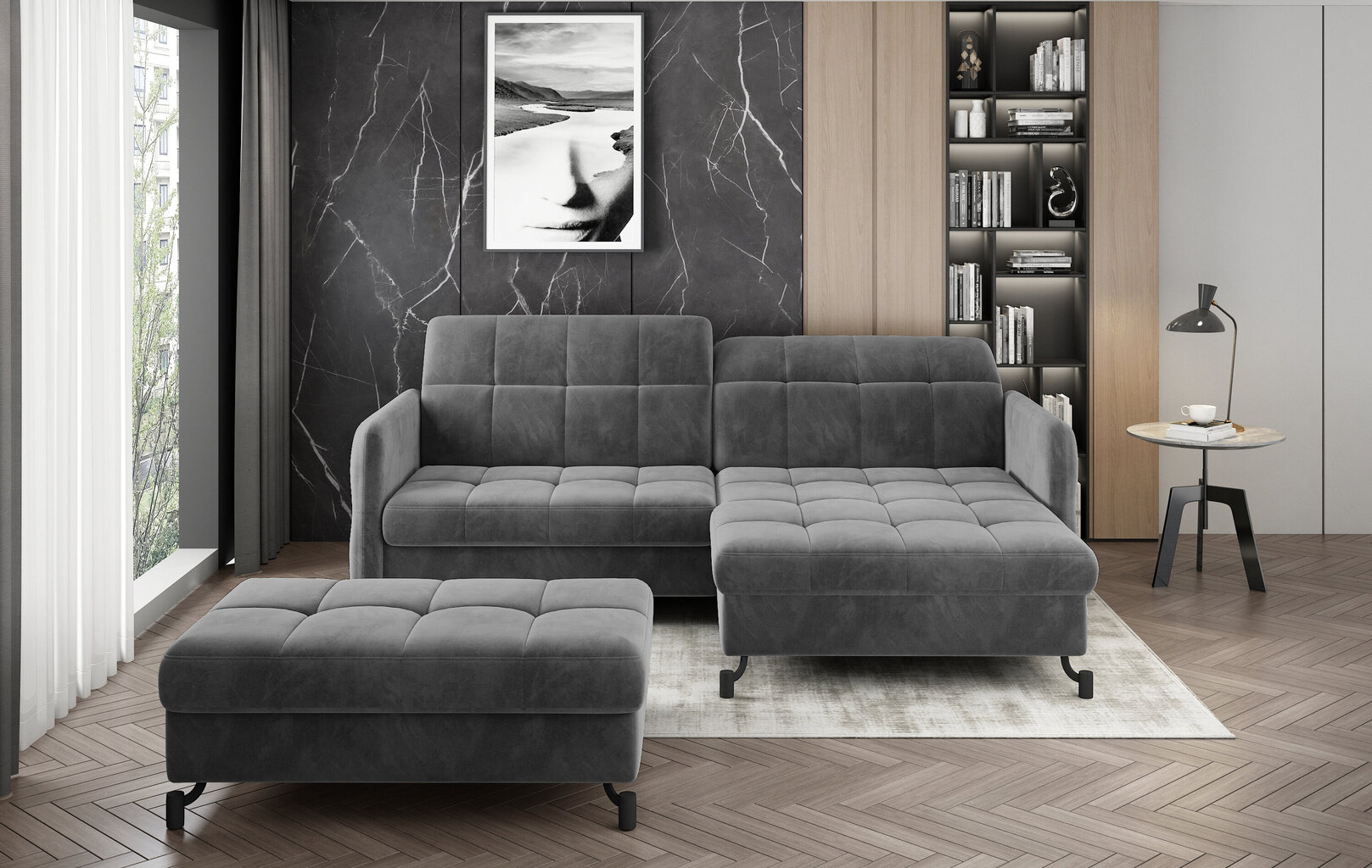 Kairinės kampinės sofos ir pufo komplektas Eltap Lorelle, tamsiai pilkas kaina ir informacija | Minkšti kampai | pigu.lt