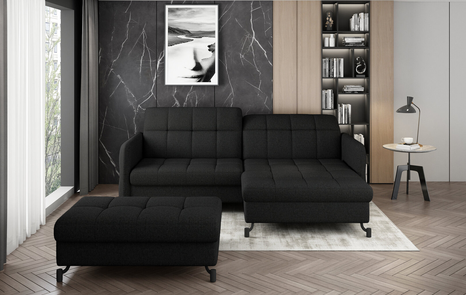 Kairinės kampinės sofos ir pufo komplektas Eltap Lorelle, juodos spalvos kaina ir informacija | Minkšti kampai | pigu.lt