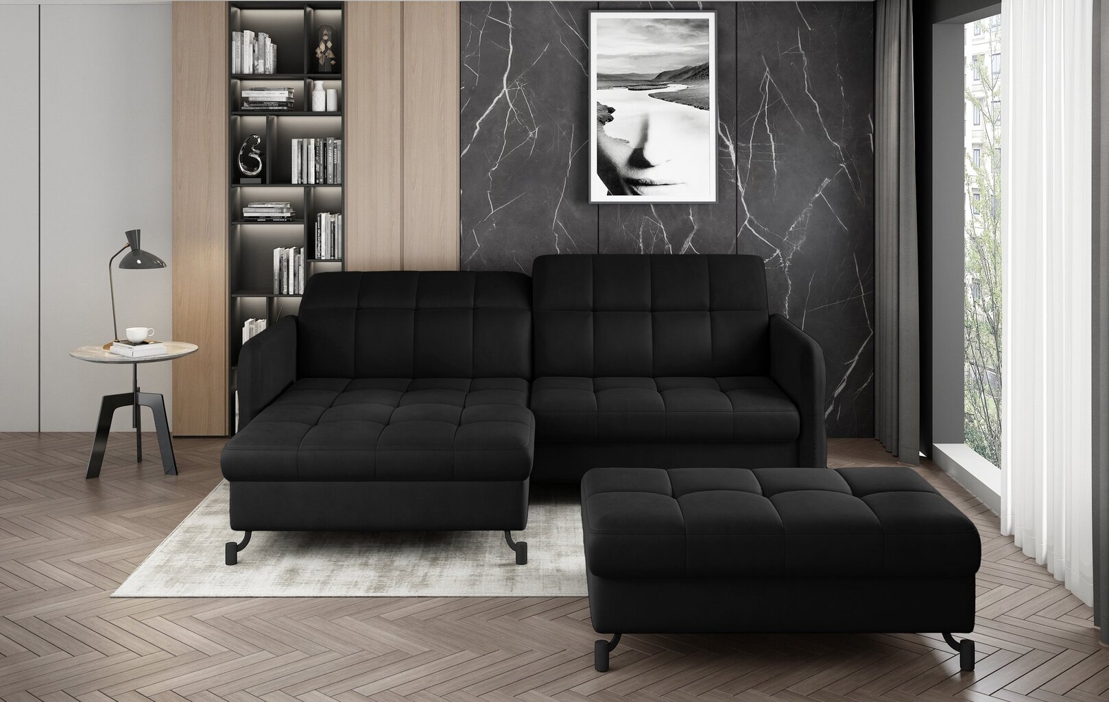 Dešininės kampinės sofos ir pufo komplektas Eltap Lorelle, juodas matinis kaina ir informacija | Minkšti kampai | pigu.lt