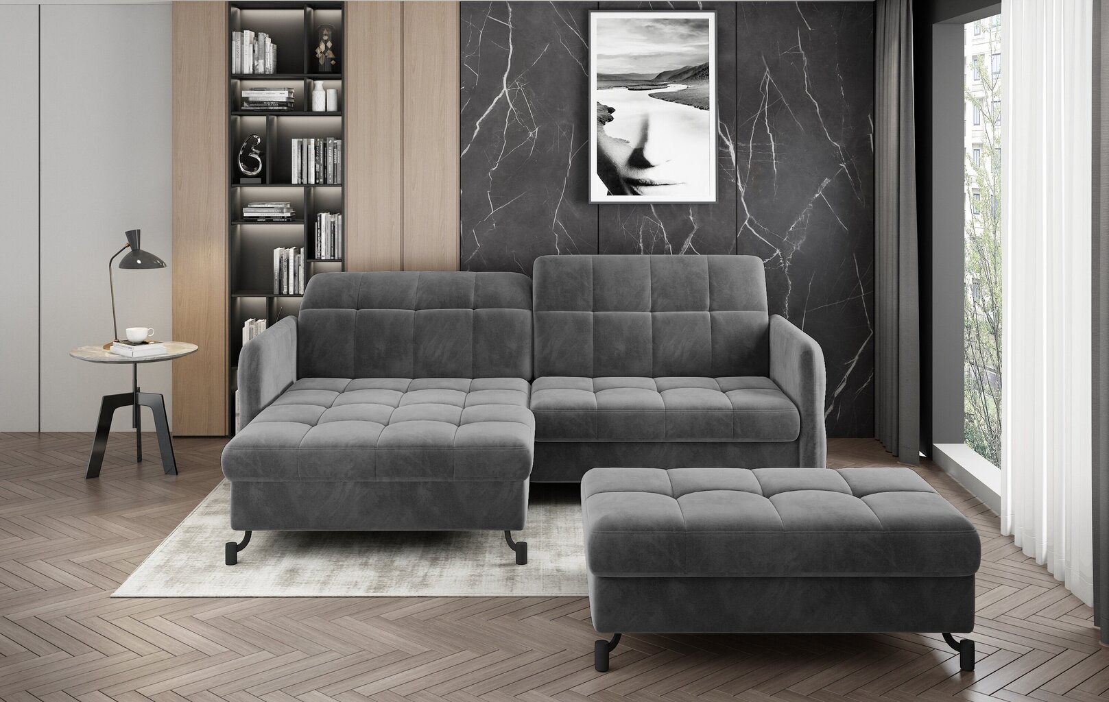 Dešininės kampinės sofos ir pufo komplektas Eltap Lorelle, pilkos spalvos matinis kaina ir informacija | Minkšti kampai | pigu.lt
