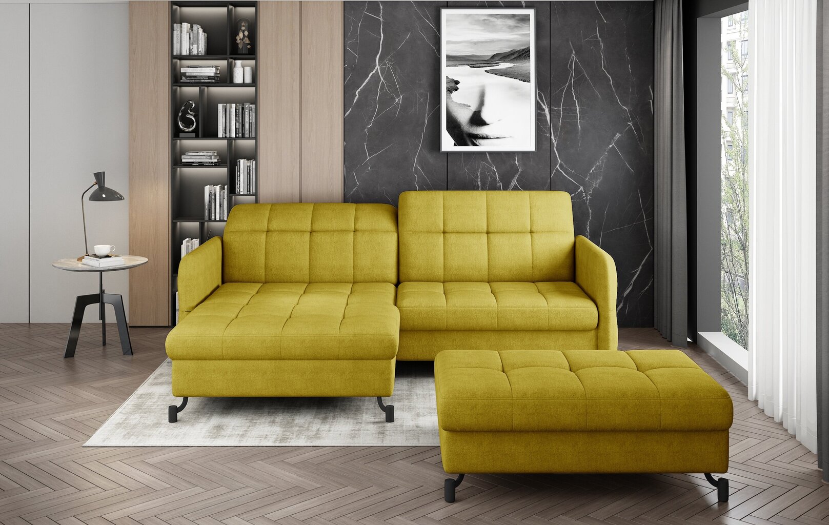 Dešininės kampinės sofos ir pufo komplektas Eltap Lorelle, geltonas цена и информация | Minkšti kampai | pigu.lt