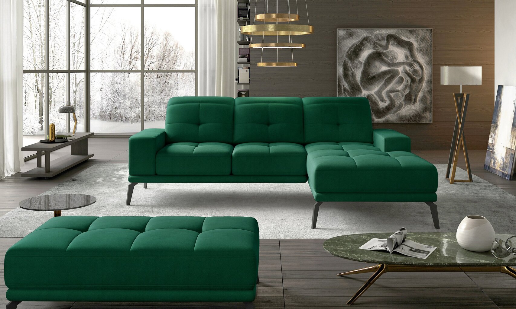 Dešininės kampinės sofos ir pufo komplektas Eltap Torrense, žalias цена и информация | Minkšti kampai | pigu.lt