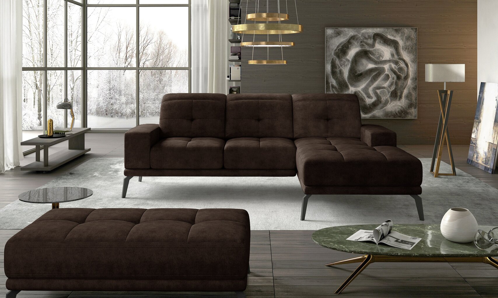 Dešininės kampinės sofos ir pufo komplektas Eltap Torrense, tamsiai rudas kaina ir informacija | Minkšti kampai | pigu.lt