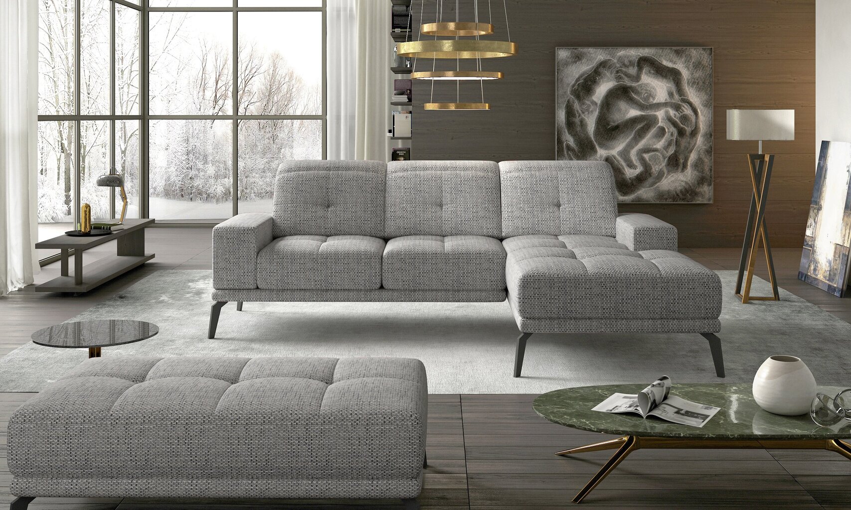 Dešininės kampinės sofos ir pufo komplektas Eltap Torrense, pilkas kaina ir informacija | Minkšti kampai | pigu.lt