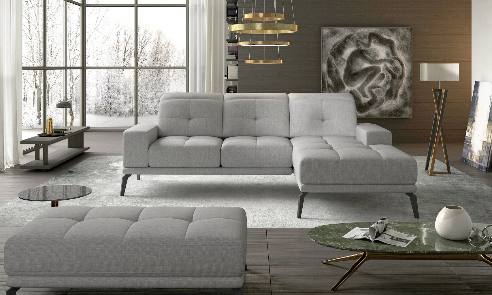 Dešininės kampinės sofos ir pufo komplektas Eltap Torrense, šviesiai pilkas kaina ir informacija | Minkšti kampai | pigu.lt