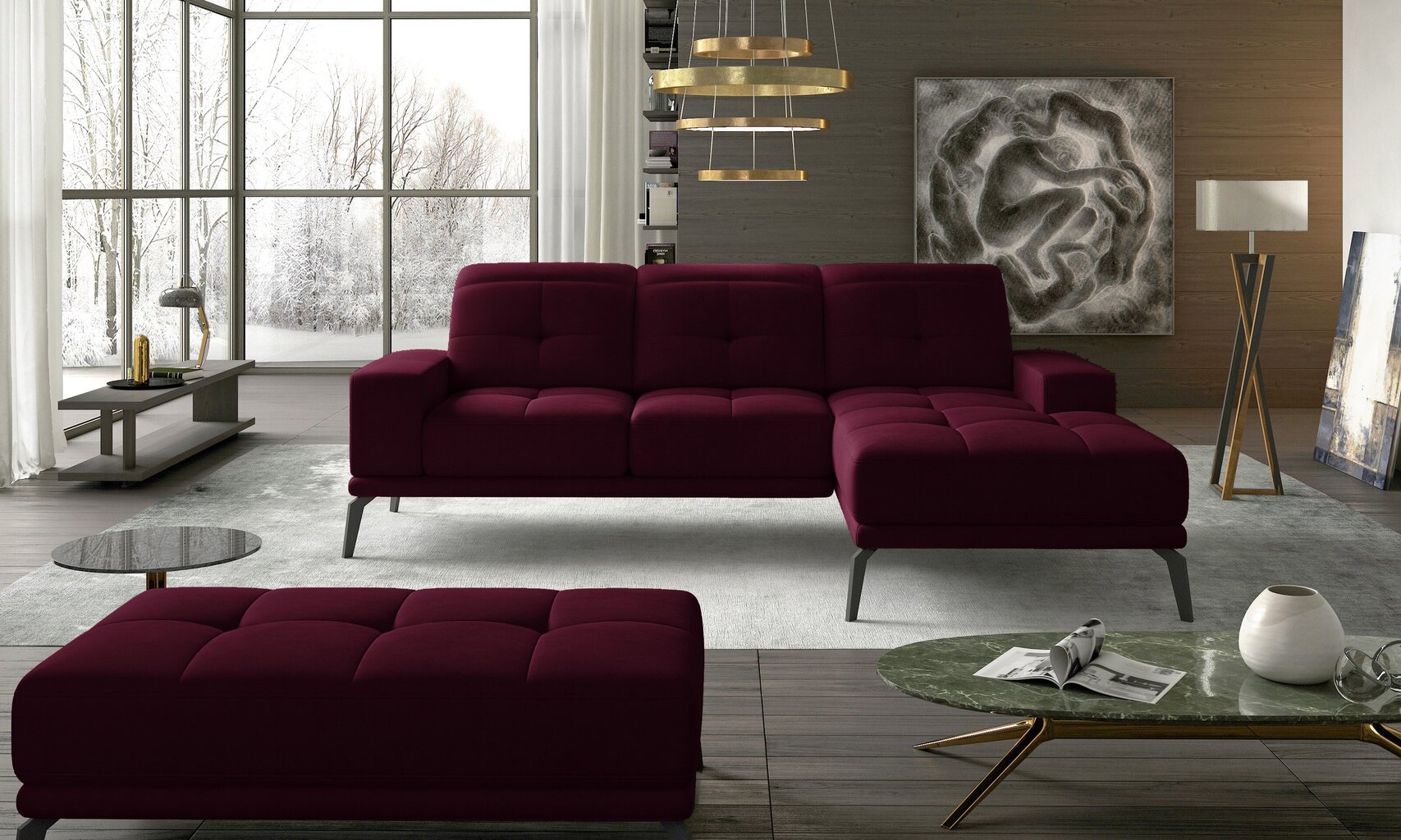 Dešininės kampinės sofos ir pufo komplektas Eltap Torrense, tamsiai raudonas kaina ir informacija | Minkšti kampai | pigu.lt