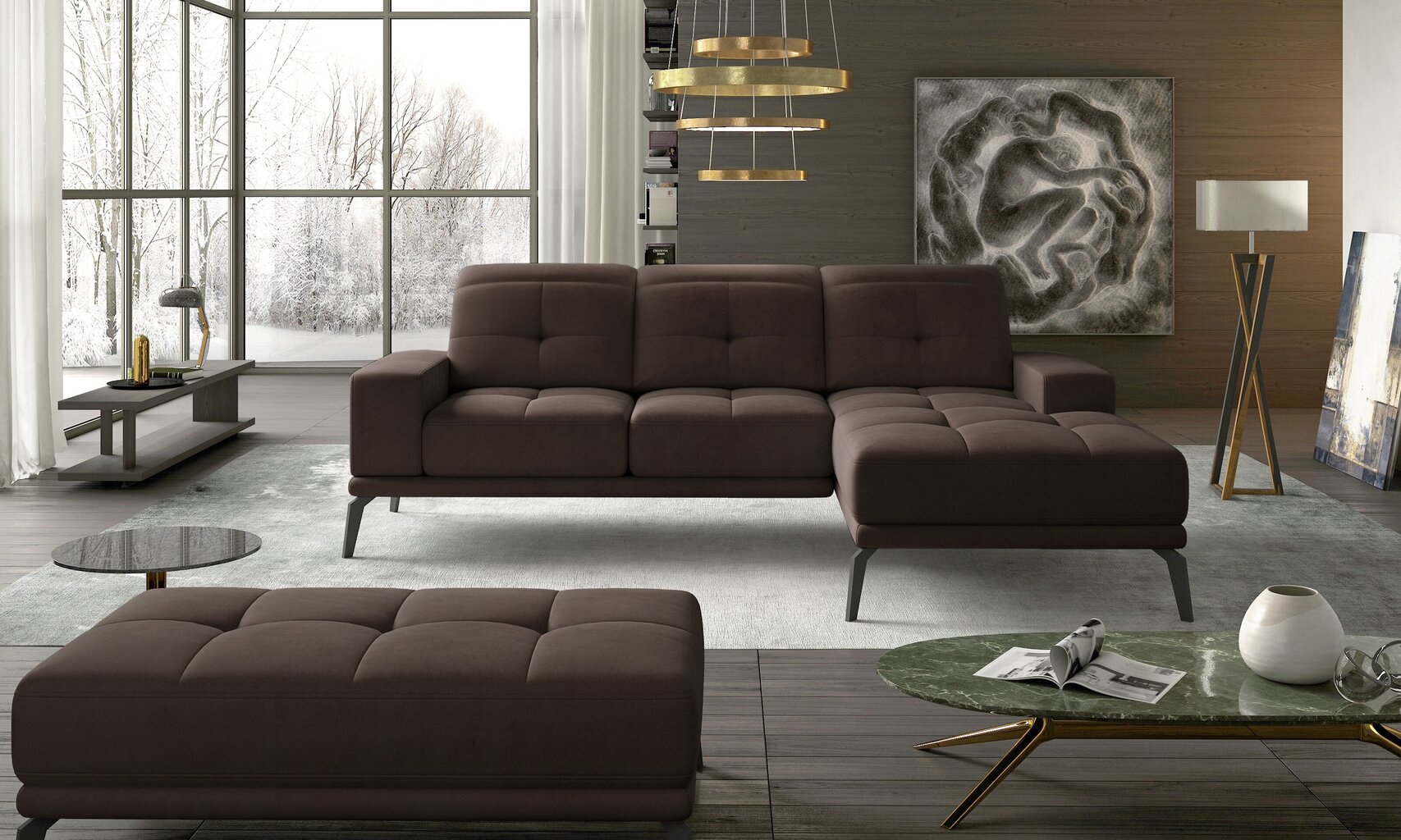 Dešininės kampinės sofos ir pufo komplektas Eltap Torrense, tamsiai rudas kaina ir informacija | Minkšti kampai | pigu.lt