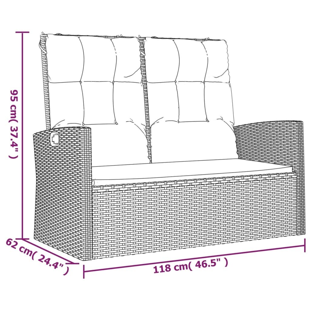 vidaXL Sodo suoliukas su pagalvėlėmis, pilkas, 118cm, poliratanas цена и информация | Lauko suolai | pigu.lt