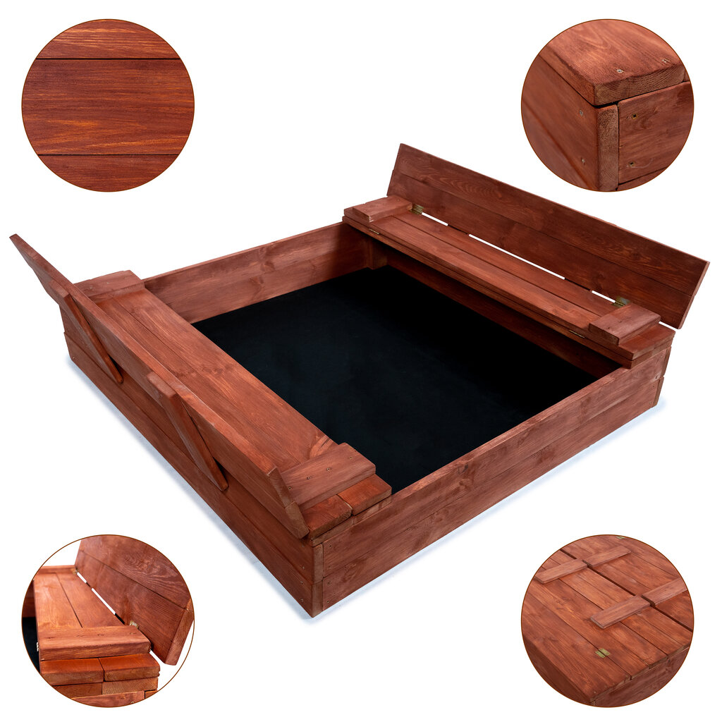 Uždaroma medinė smėlio dėžė Piccolo su agrotekstile ir tentu, 120cm цена и информация | Smėlio dėžės, smėlis | pigu.lt