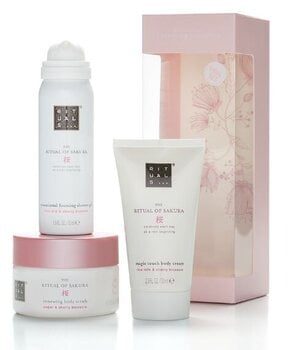 Kūno odos priežiūros rinkinys moterims The Ritual of Sakura: dušo putos, 50 ml + kūno šveitiklis, 125g + kūno kremas, 70 ml kaina ir informacija | Kūno kremai, losjonai | pigu.lt